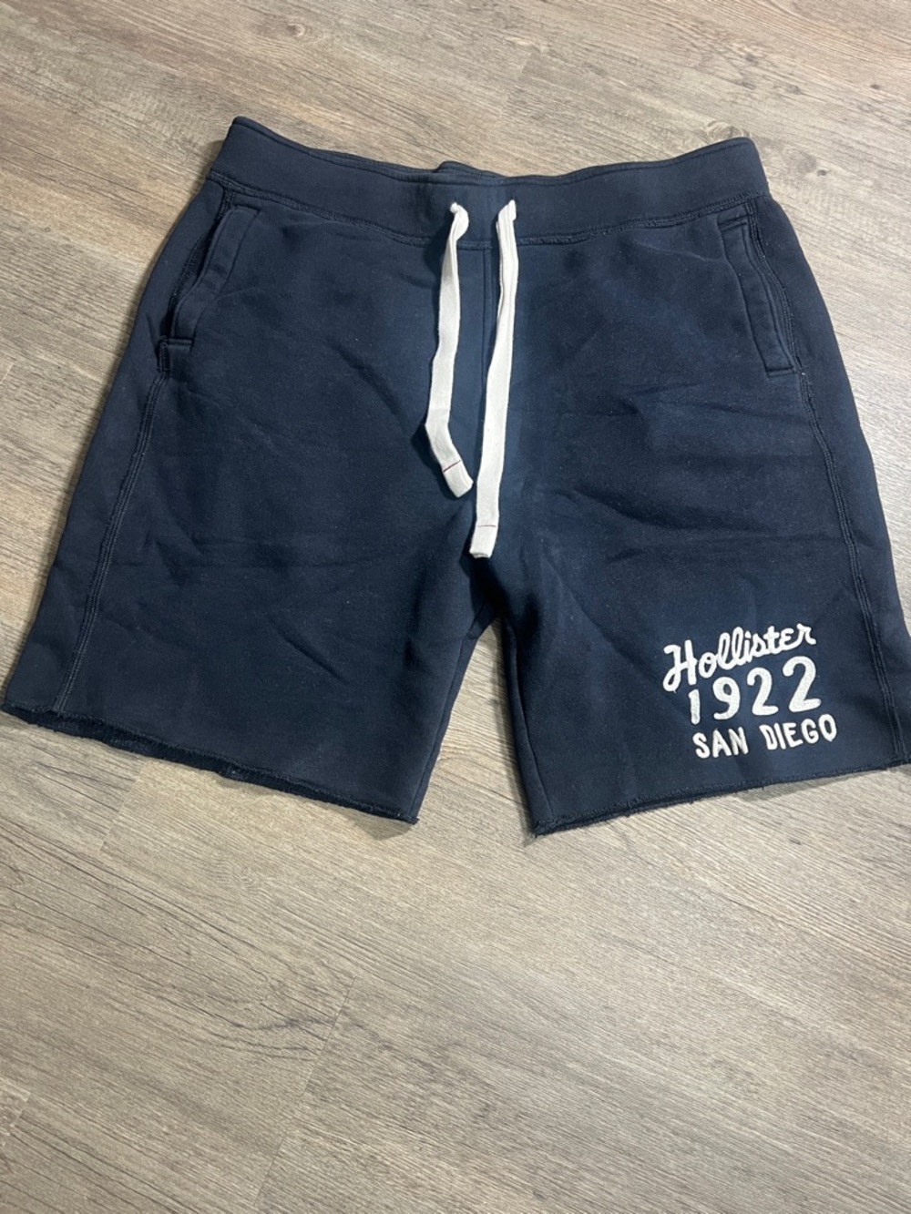 Hollister Men's Dark Navy Drawstring Lounge Shorts with White Logo